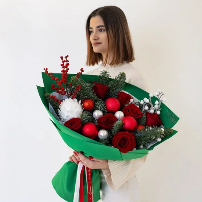 Букет из красных роз и нобилиса "Розы на морозе" N 91152