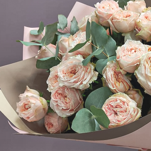 Букет из 9 кустовых пионовидных персиковых роз с эвкалиптом арт. 45354
