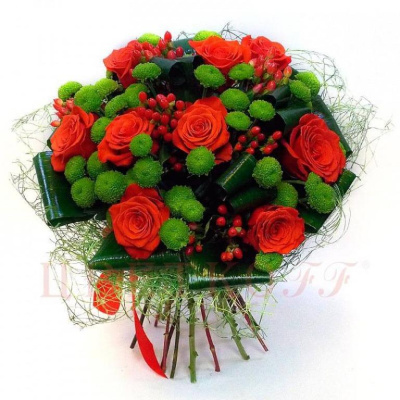 Букет "Великолепный век" из кустовой хризантемы, крупных роз и альстромерии арт. 6977