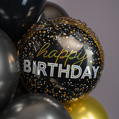 Связка воздушных шаров "С днем рождения" черный с золотом арт. 92435